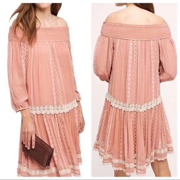 ANTHROPOLOGIE FLOREAT Orchard Off the Shoulder Drop Waist Dress Rose Blush sz M - Picture 3 of 10